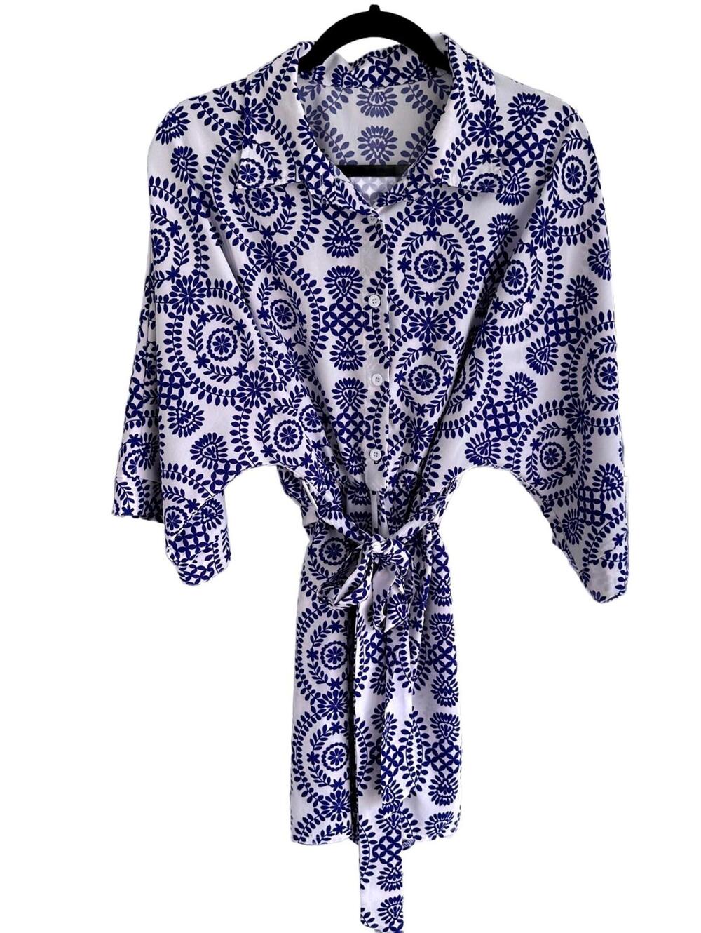 Women’s Blue White Floral Medallion Shirt Dress Belted Kimono Sleeve - L EUC